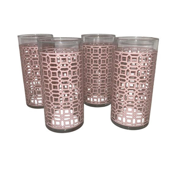 MCM Vintage Retro??? Pink & Clear Glass Tumblers With Modern Pattern Design 6 In - Picture 2 of 8